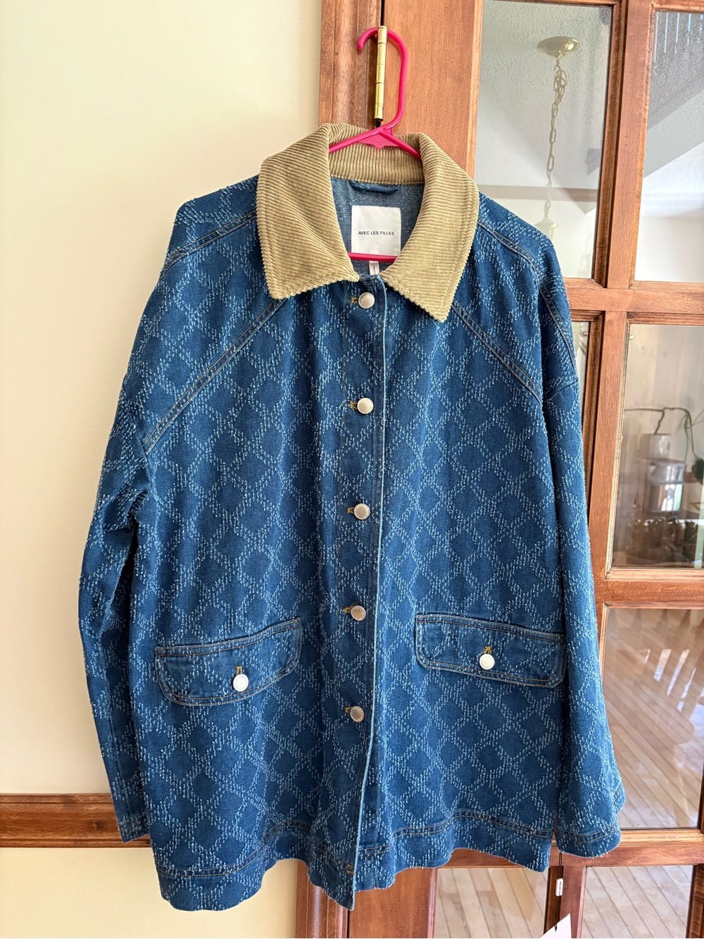 Avec Les Filles Anthropologie Diamond-Pattern Denim Barn Jacket size Large - Picture 3 of 8